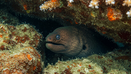 Colorful tropical fish and marine life swim among coral reefs in an underwater aquarium