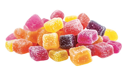 Colorful pile of delicious gummy candies with sugar crystals on a black background