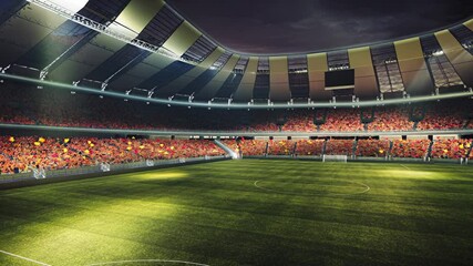 Animated video clip with soccer stadium field with  spectators  stands and flashlights illuminate arena. Concept of sport, competition, winning/ Copy space for ads