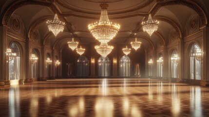 Grand ballroom with ornate chandeliers and polished floor.