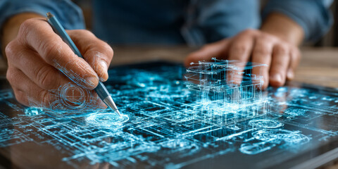 Engineer adjusting transparent blueprint overlays using floating controls