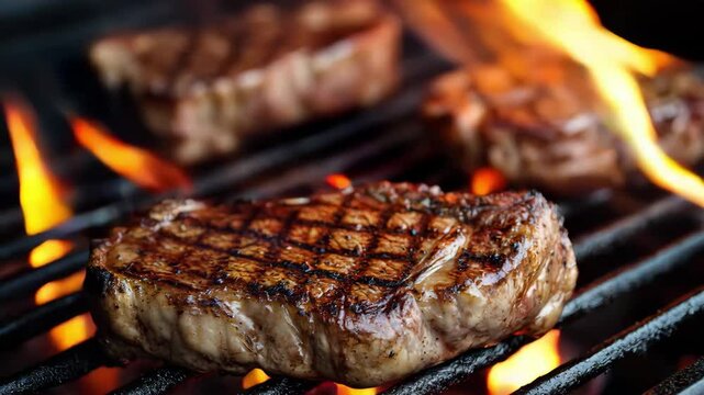 Hot Steamed Steak on a Black BBQ Grid on a Dark Background. Grilled Slice of Medium Rare Beef Steak with Smoke. Juicy Meat Fillet Cooking on a Fire Flame. Close-Up, Front View. Menu, Recipe. Meal