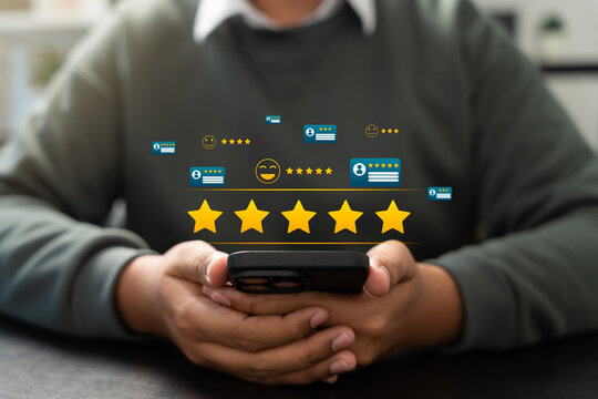 Online customer satisfaction Survey service concept, client rate service from experience in application,Consumer give five-Stars and feedback review for quality, Business reputation ranking from buyer