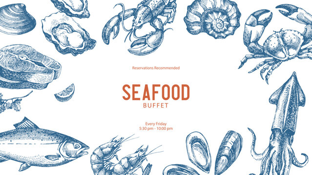 Sketch vintage seafood frame. Hand drawn vector illustration background. Salmon, crab, shrimps, lobster, oysters, squid set