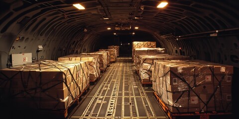 Cargo boxes secured within an aircraft's hold.
