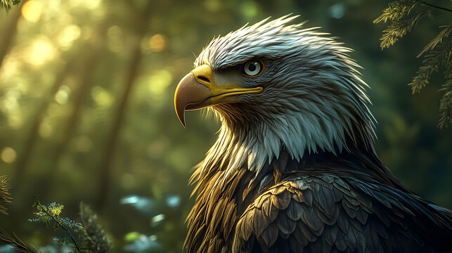 Detailed close-up of an eagle's head and neck.