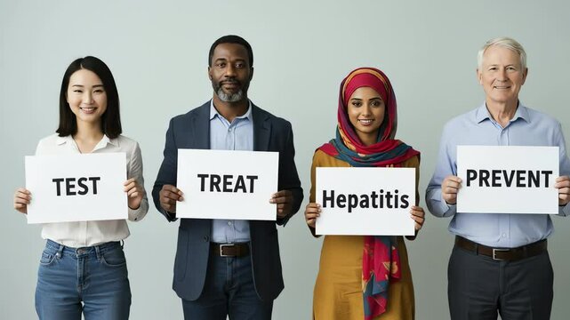 Four people of different ages and ethnicities holding signs saying "Test", "Treat", "Hepatitis", "Prevent", for World Hepatitis Day