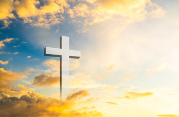Cross christian god religion on sunset background, jesus church worship pray catholic grace christ,...