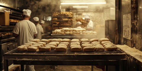 Bakers working in a bustling bakery.