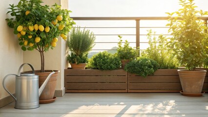 Lush balcony garden featuring lemon tree and potted plants with a watering can.