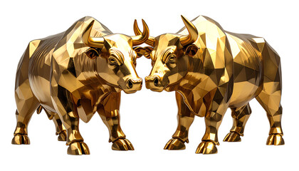 Two golden bulls facing each other, showcasing a geometric design with sharp angles and a reflective surface