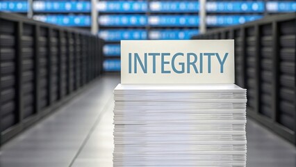 A conceptual image of a pathway created from documents leading to the word integrity.