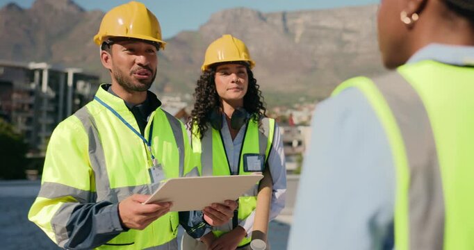 Planning, inspection or contractors on site for talking, construction and project management. Clipboard, team or people with renovation checklist for city development, building or engineering safety