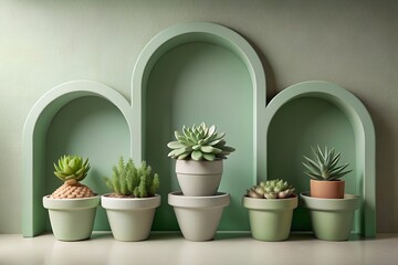 Sage Green Arched Niche with Succulents in Neutral Pots