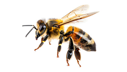 A detailed close-up of a bee showcasing its features, including wings, body, and legs