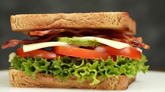 Cinematic close-up of gourmet BLT sandwich with orbiting camera and natural light