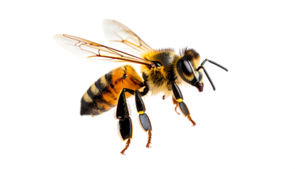 A detailed bee with intricate wings and distinct yellow and black stripes, showcasing its features and anatomy