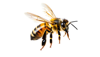 A detailed close-up of a honeybee showcasing its distinct features like wings, antennae, and striped body