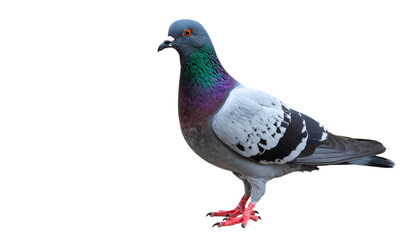 Fototapeta premium A colorful pigeon with a distinctive iridescent neck, showcasing a blend of gray and black feathers, stands poised on its feet