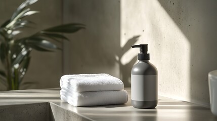 A  men's body wash bottle in soft matte gray Calm, masculine, modern aesthetic with a natural lighting mood. Suitable for skincare or grooming product advertisement.