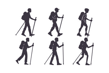Naklejka premium Hiking and trekking silhouette set. male and female hikers with backpacks and poles, perfect for outdoor, travel, and adventure design vector illustration
