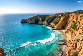 Fototapeta premium Breathtaking panorama of Prellezco Beach, Cantabria's turquoise waters and dramatic cliffs, panorama, aerial view
