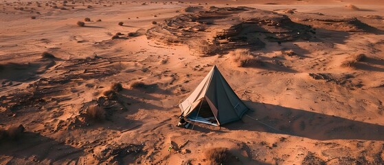 A serene desert campsite with a tent set against a vast sandy landscape during sunset