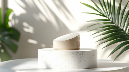 Beige cosmetic container displayed on a light-colored pedestal.