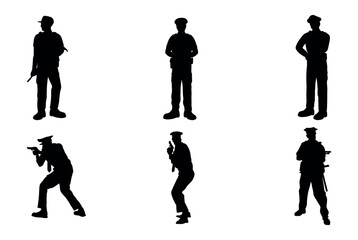 Set of policeman silhouette vector on white background, officer.