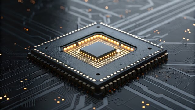 Close-up of a microchip on a circuit board, highlighting technology and innovation.