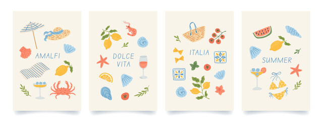 Summer mediterranean cute posters set. Amalfi. Italy vacation vibe. Hand drawn lemons, crab, tomato, cocktails, seashell, umbrella, tile. Coastal collection prints. Vector trendy illustrations.
