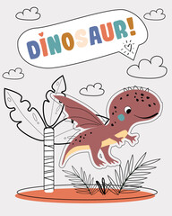Dinosaur vector funny card. Children's card with cute flying dinosaurs in line style. Dino baby color illustration in naive style