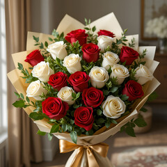 Stunning Red and White Rose Bouquet with Gold Ribbon Wrap