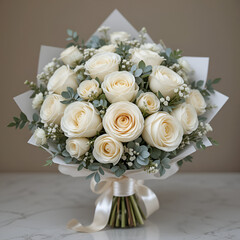 Exquisite White Rose Bouquet with Eucalyptus and Ribbon