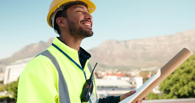 Smile, man or builder on site for floor plan, engineering inspection or project management. Vision, inspector or contractor in construction industry for development with ideas, review or blueprint