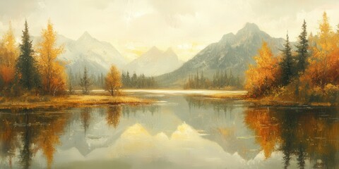 Fototapeta premium Autumnal lake landscape with mountains reflected in still water.