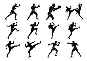 a Silhouette Vector  Set of Muay Thai Fighters in Action Poses – Boxing and Kickboxing on white background 