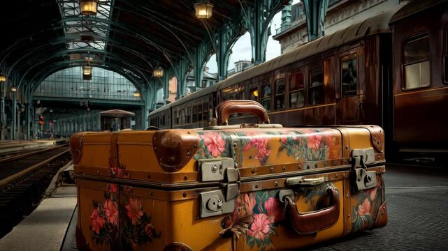 Vintage suitcase with floral pattern on a train platform with train cars in the background at train station