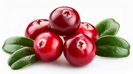 cranberries with leaves with shadow on white background