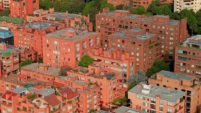Flyover establishing of high status residential buildings in the city of Bogota, Colombia. Contemporary architecture with clay bricks