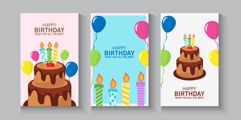 Happy Birthday greeting card poster, banner and invitation templates with glitter elements. Trendy and minimalist with pastel colours, collection of birthday cover with copy space with cake, baloons.
