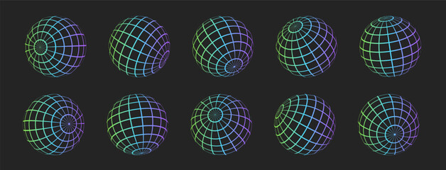3D wireframes of spheres. Set of globes in various positions. Balls with a grid in brutalist style