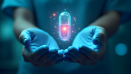 Gloved Hands Presenting Digital Medical Report with Floating Capsule and Analytics