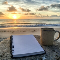A photo of an empty notebook and coffee mug on a table, with a sunrise in the background, on a beach