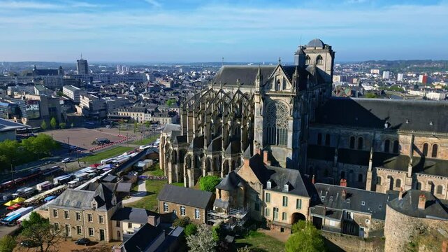 Impressive Le Mans Cathedral, Saint-Julien, Sarthe, France. Aerial drone ascending