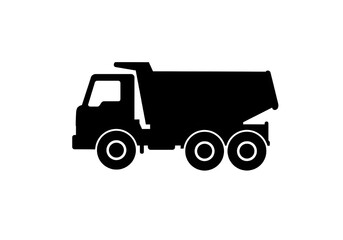 A black silhouette of a dump truck with three axles on a white background in a simple illustration