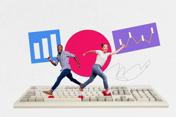 Sketch design trend artwork poster 3D collage of workspace keypad two colleagues man lady walk hr...