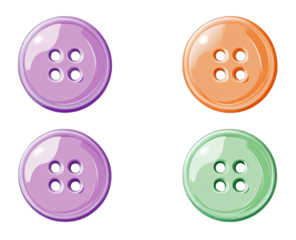 Four round buttons, light purple, orange, light green, and lavender.  Four colors of buttons with four holes each