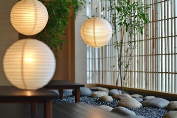Peaceful interior with paper lanterns and zen garden.