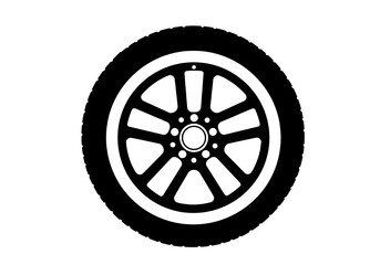 A black and white vector image of a car wheel with a tire and a rim on a white isolated background